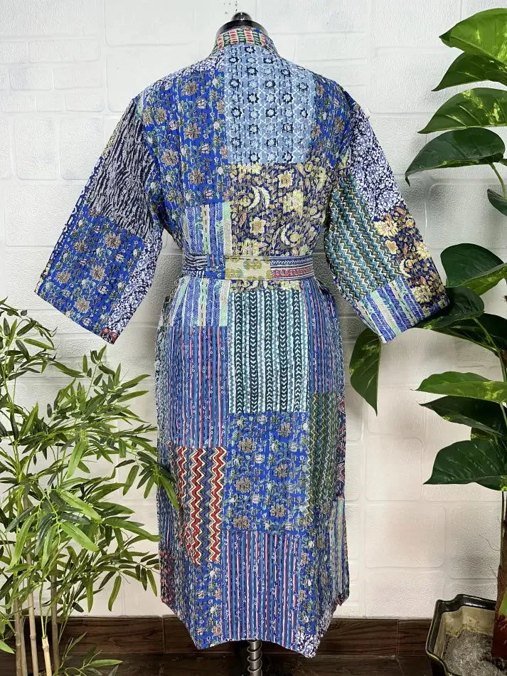 Kantha Pure Cotton Reversible Long Kimono Women Jacket Patchwork Print Blue White
