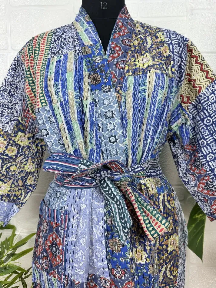Kantha Pure Cotton Reversible Long Kimono Women Jacket Patchwork Print Blue White