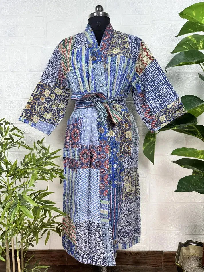 Kantha Pure Cotton Reversible Long Kimono Women Jacket Patchwork Print Blue White