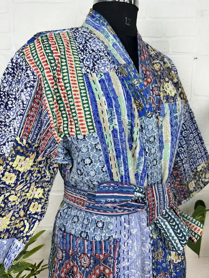 Kantha Pure Cotton Reversible Long Kimono Women Jacket Patchwork Print Blue White