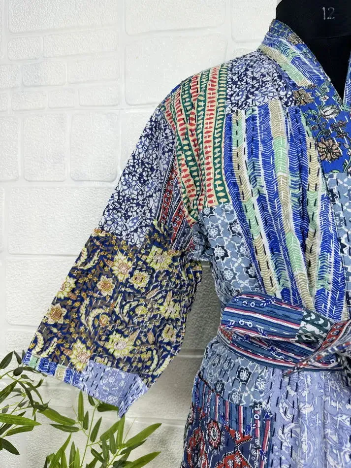 Kantha Pure Cotton Reversible Long Kimono Women Jacket Patchwork Print Blue White