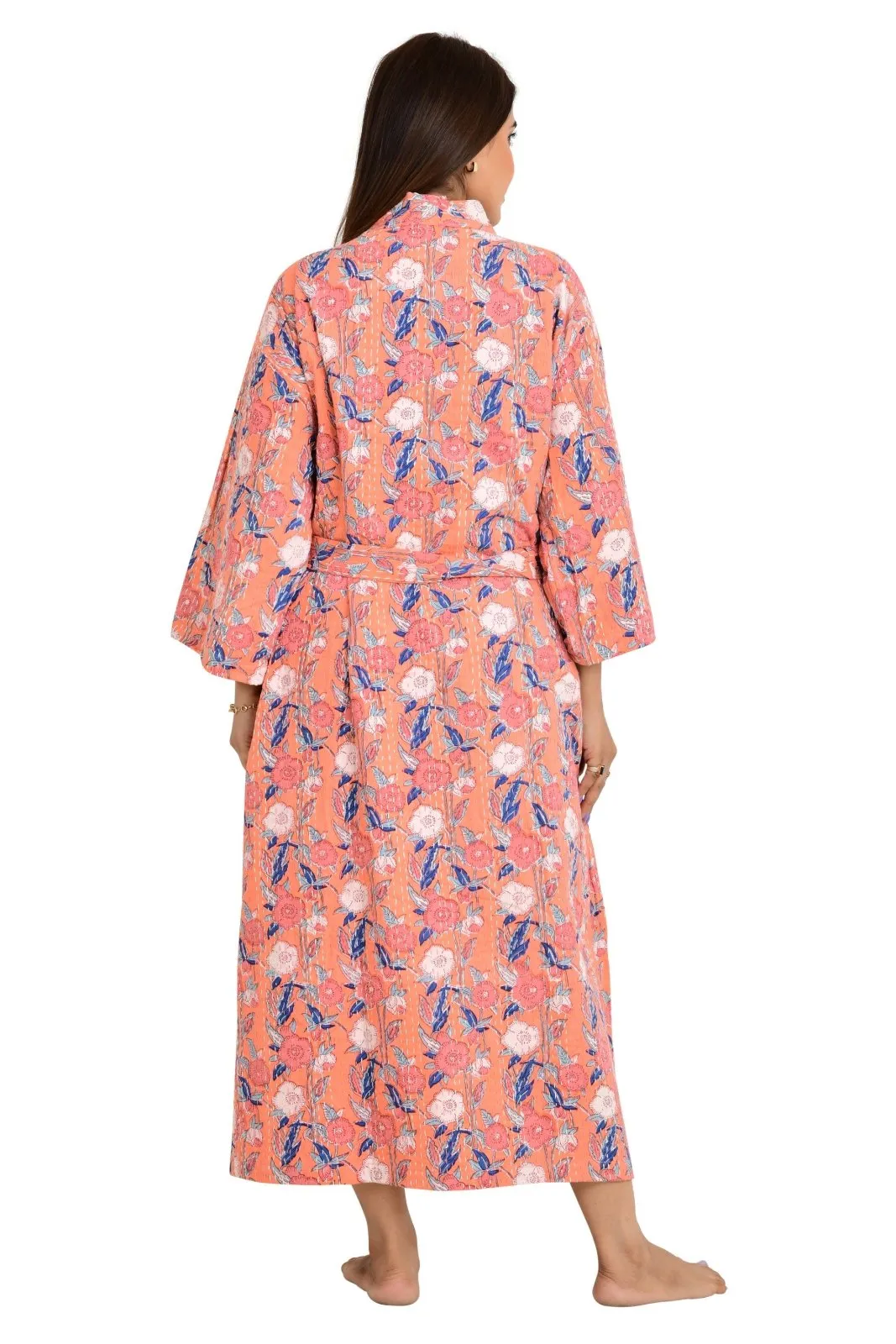 Kantha Stitch 100% Cotton Reversible Long Kimono Women Jacket | Handmade Stitch Robe | Unisex Gift | Peach Floral Print