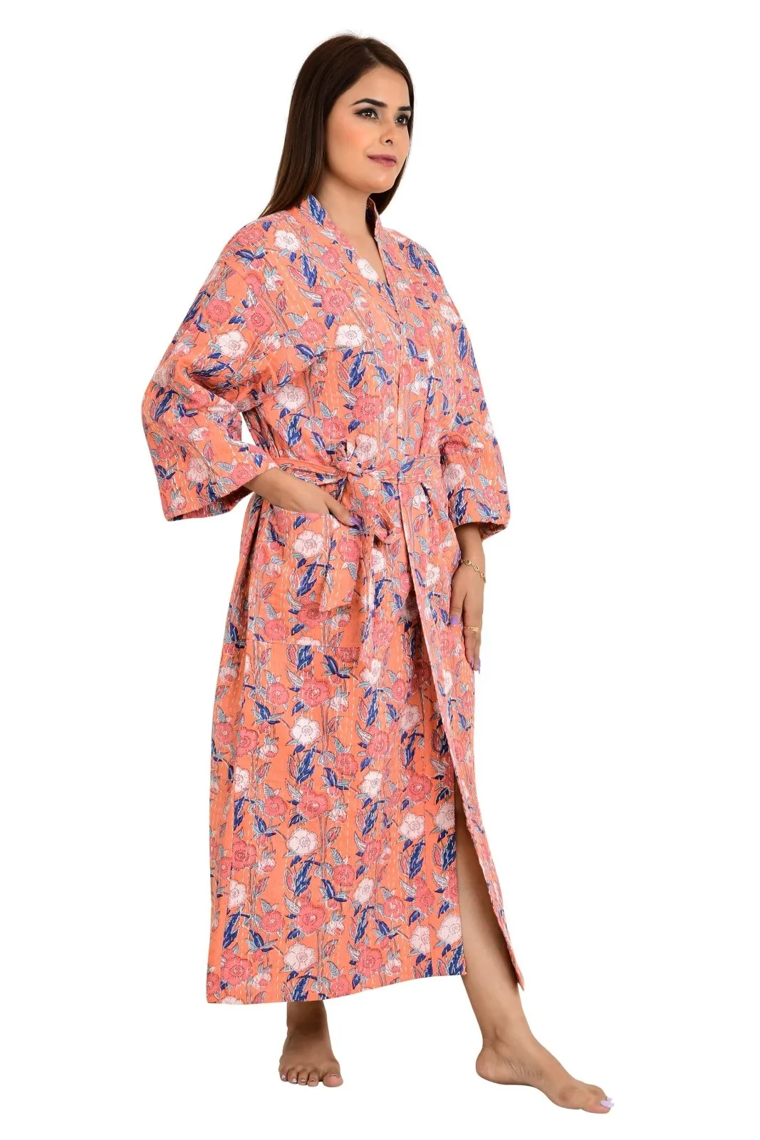 Kantha Stitch 100% Cotton Reversible Long Kimono Women Jacket | Handmade Stitch Robe | Unisex Gift | Peach Floral Print