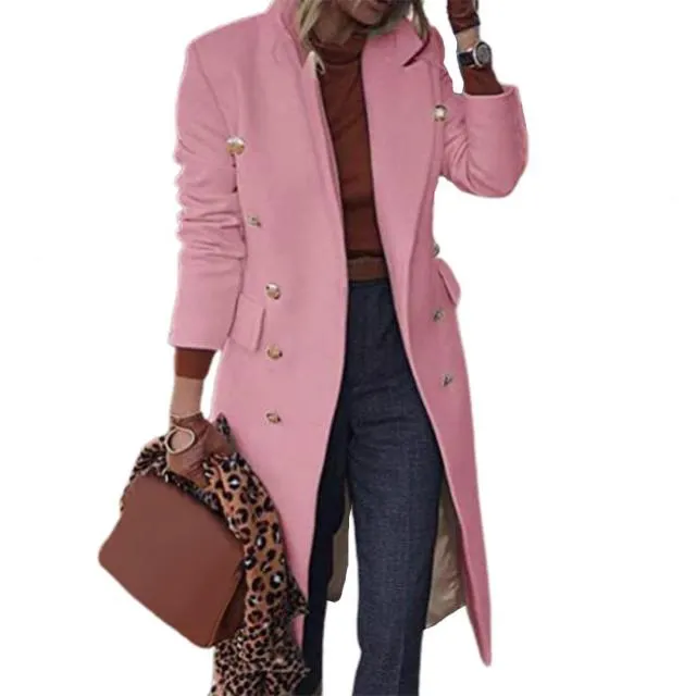 Lapel Wool Solid Blends Long Coat for Women