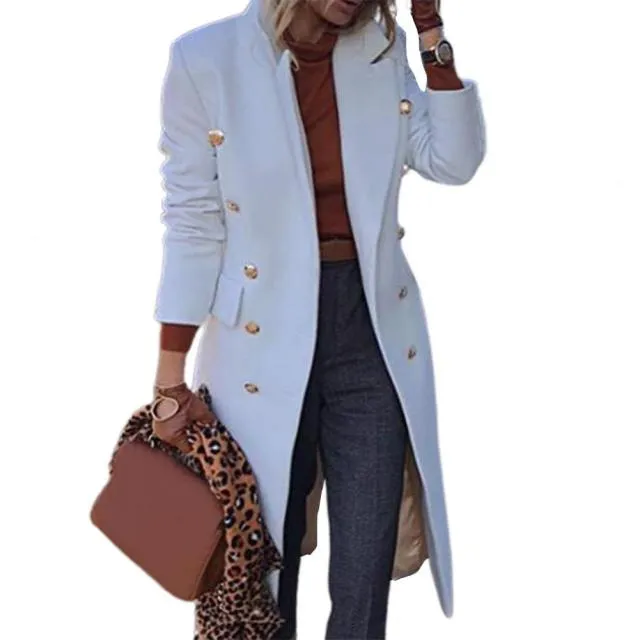 Lapel Wool Solid Blends Long Coat for Women