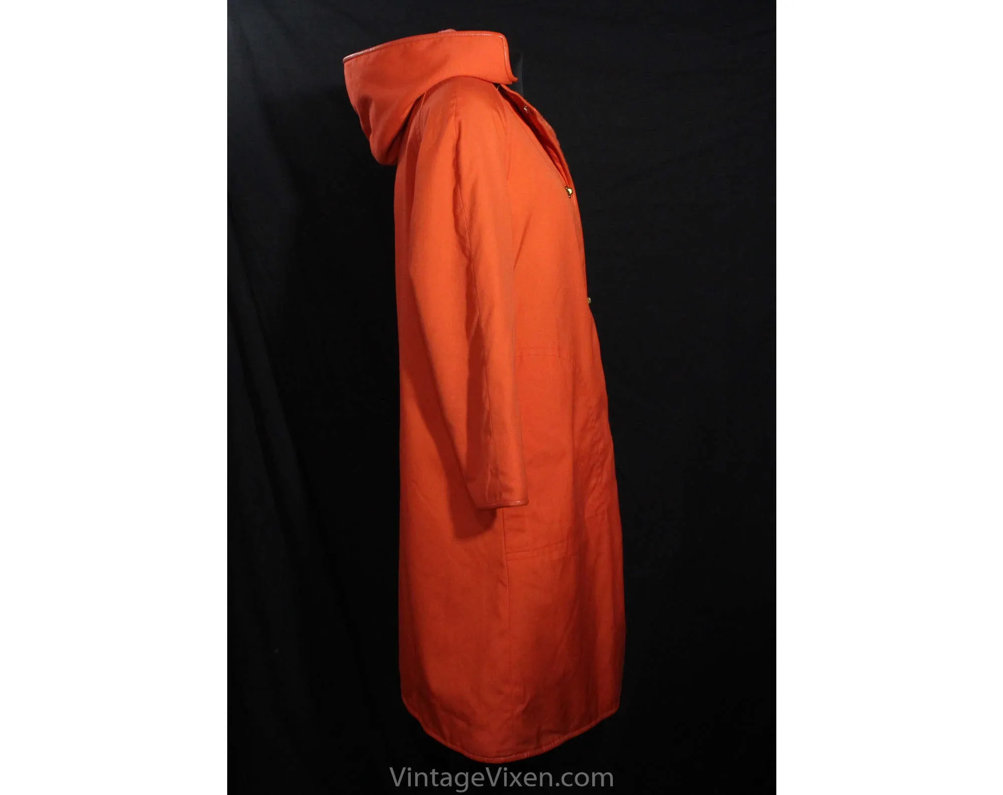 Large Bonnie Cashin 1960s Orange Coat with Hood - 60s Designer Overcoat - Canvas & Leather with Big Pockets - Brass Toggles - Bust 39.5