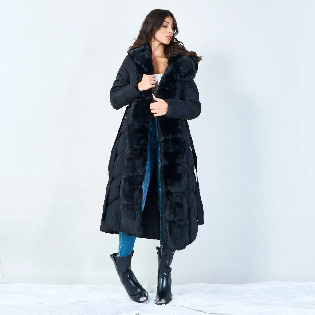Long puffer coat with faux fur trim wholesale