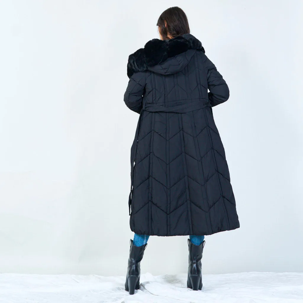 Long puffer coat with faux fur trim wholesale