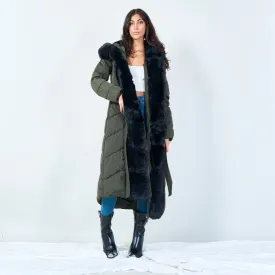 Long puffer coat with faux fur trim wholesale
