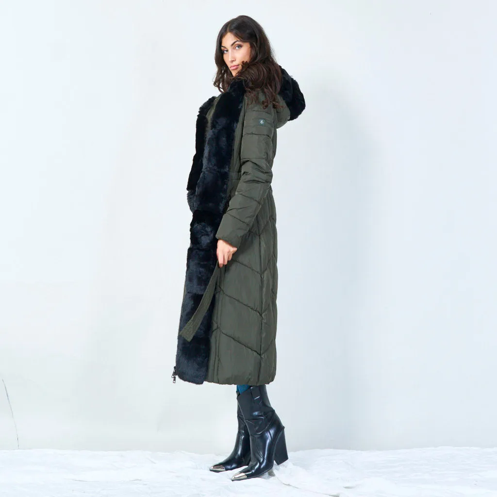 Long puffer coat with faux fur trim wholesale