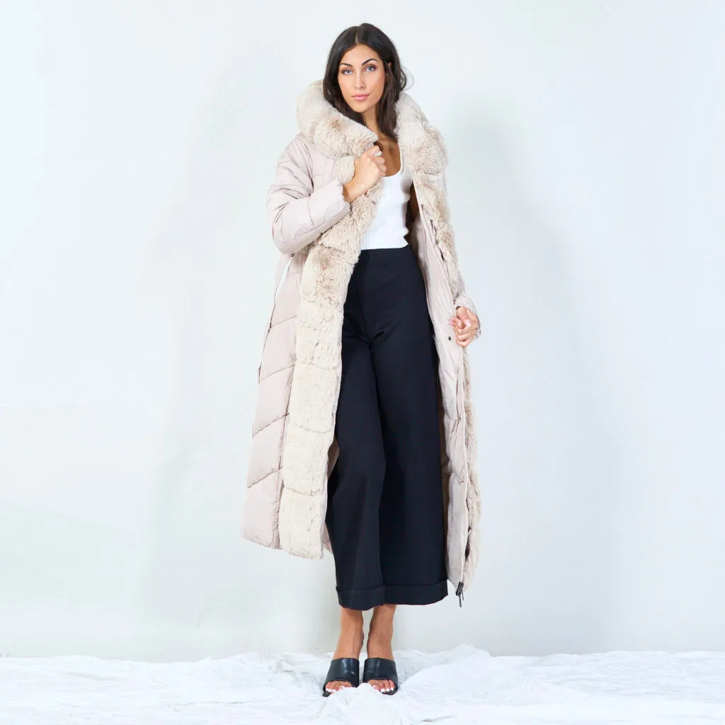 Long puffer coat with faux fur trim wholesale