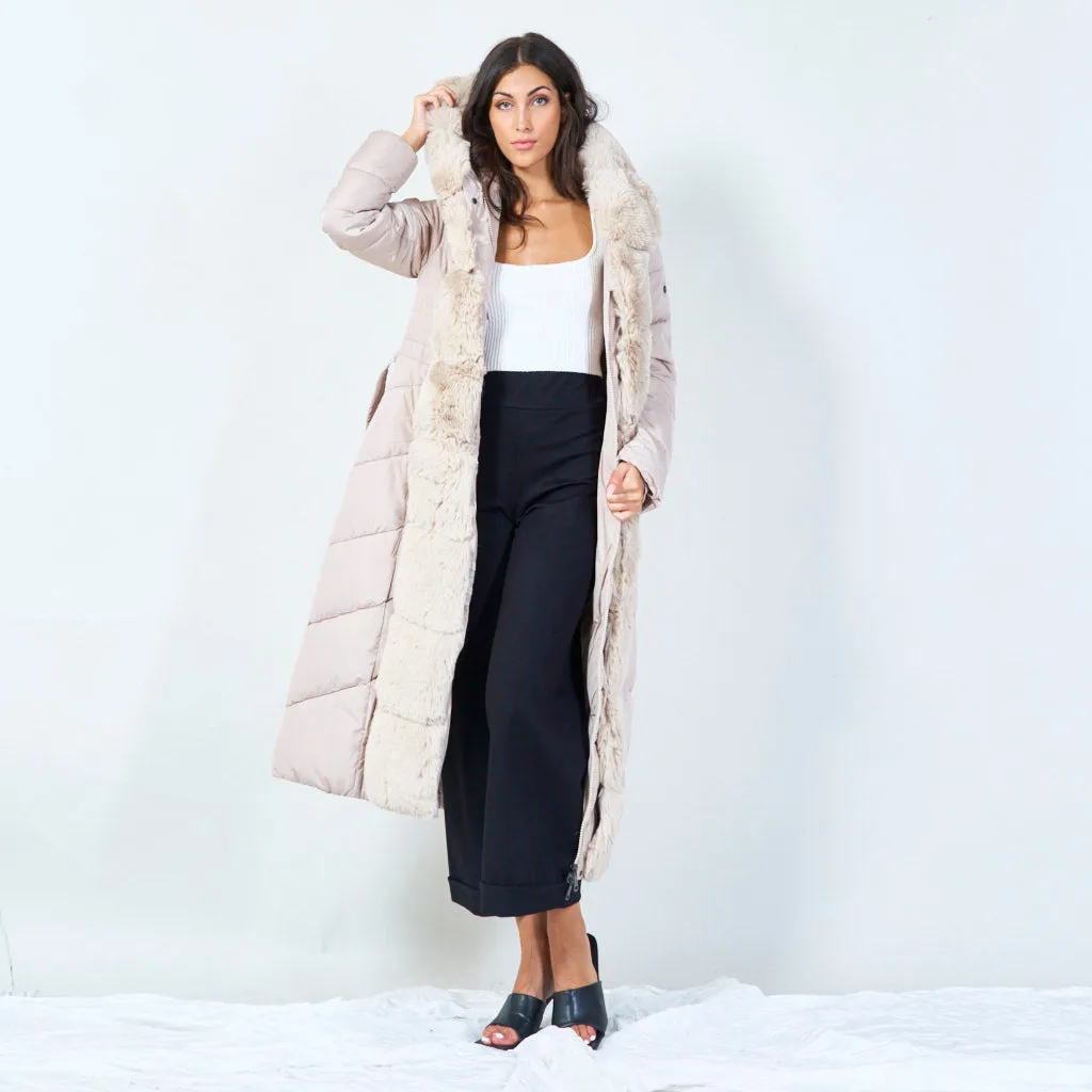 Long puffer coat with faux fur trim wholesale