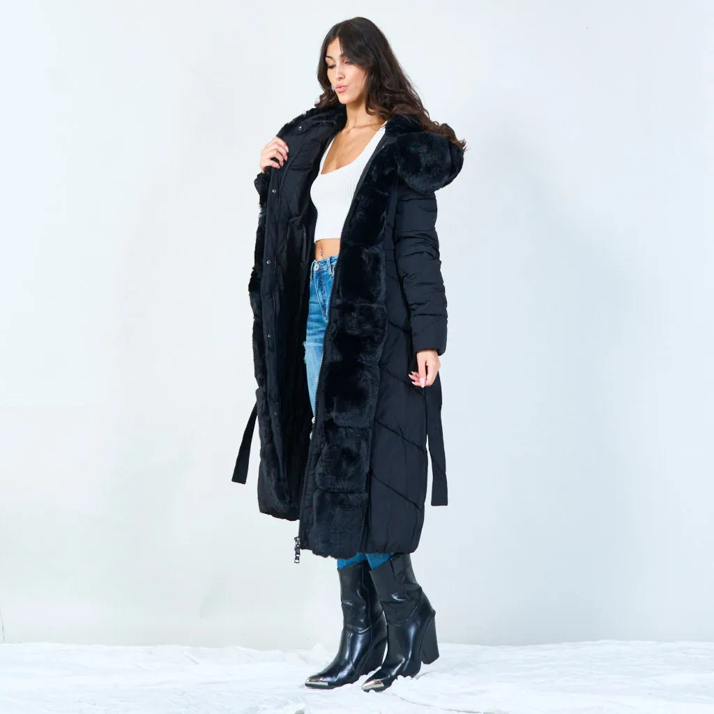Long puffer coat with faux fur trim wholesale