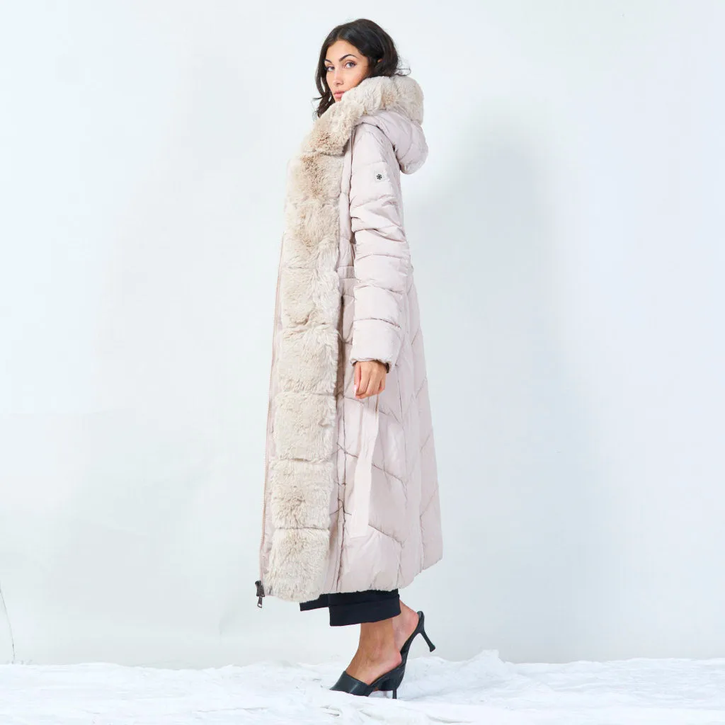 Long puffer coat with faux fur trim wholesale
