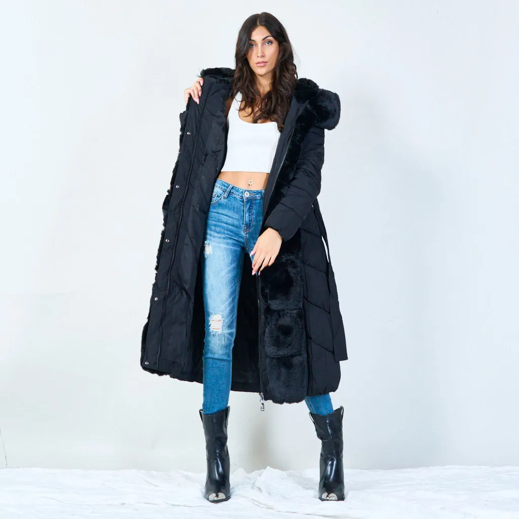 Long puffer coat with faux fur trim wholesale