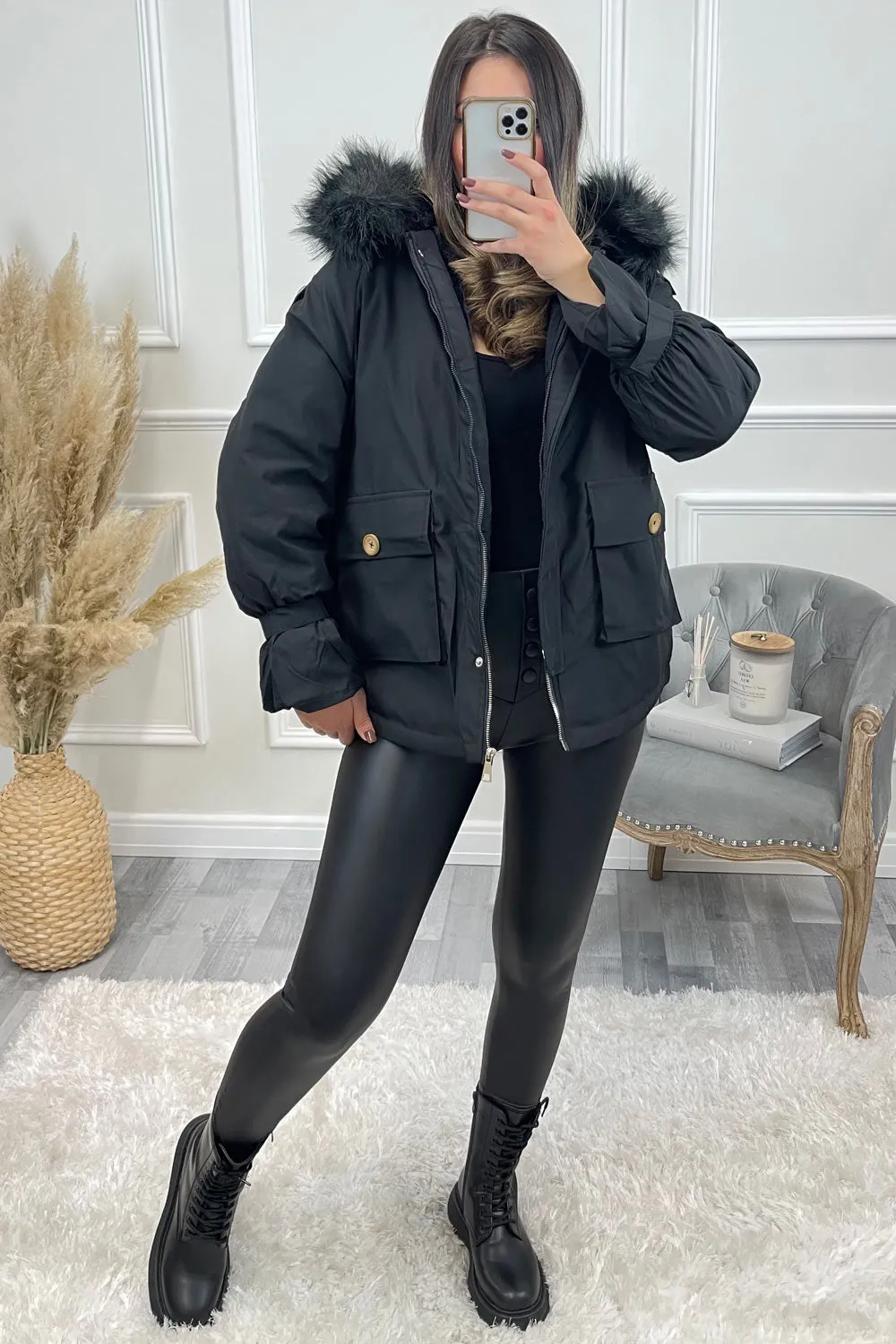 Mandy Black Faux Fur Trim Hooded Oversized Coat