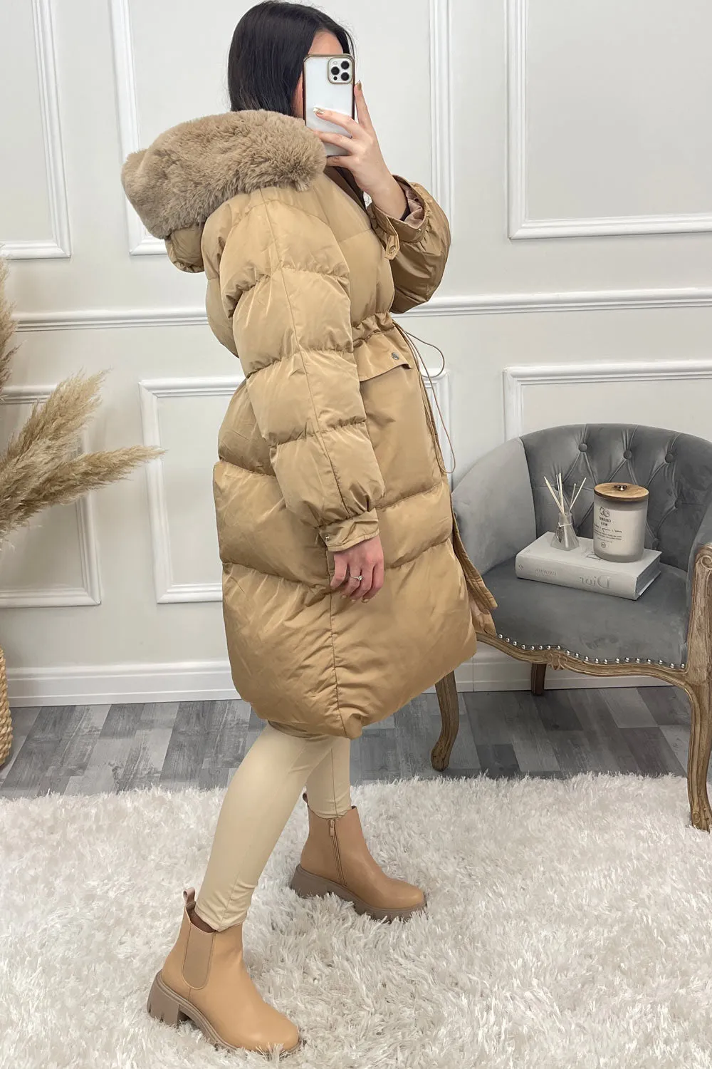 Marley Camel Puffer Faux Fur Hooded Longline Coat