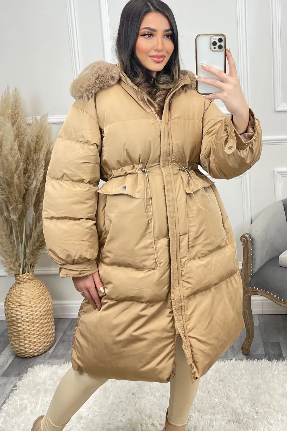 Marley Camel Puffer Faux Fur Hooded Longline Coat