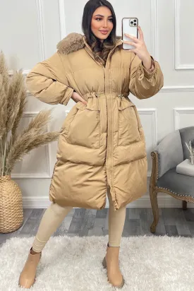 Marley Camel Puffer Faux Fur Hooded Longline Coat