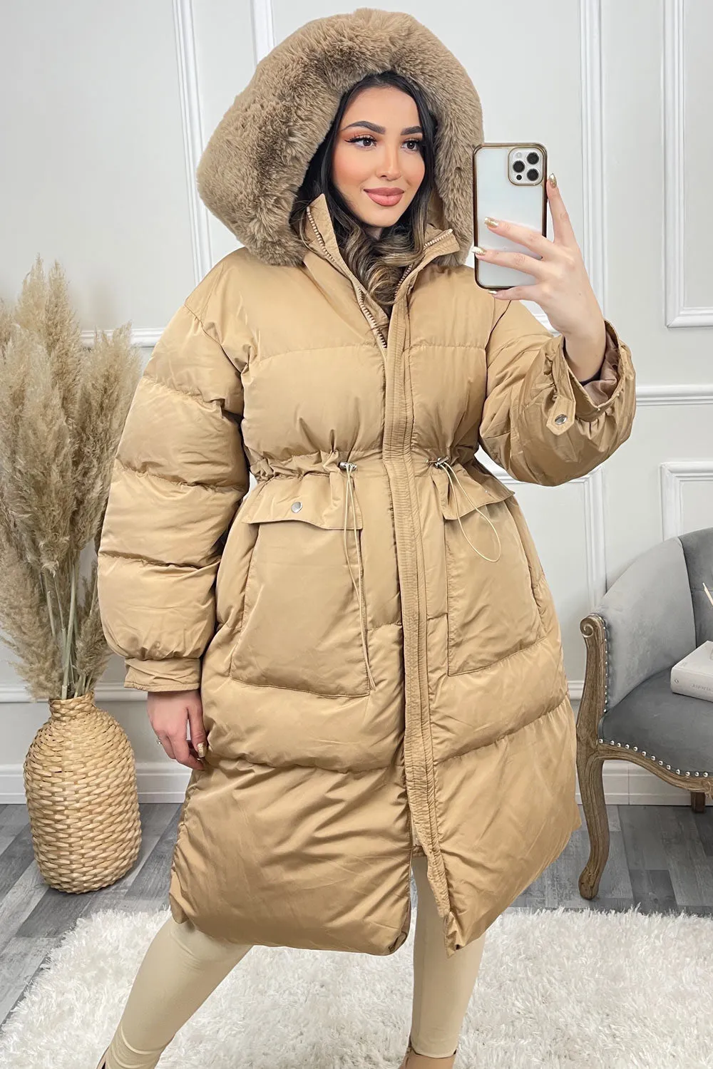 Marley Camel Puffer Faux Fur Hooded Longline Coat