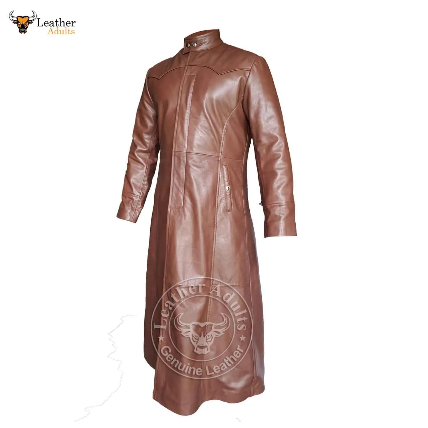 Mens Brown Cowhide Leather Goth Long Coat Steampunk Gothic Van Helsing Matrix Trench Coat