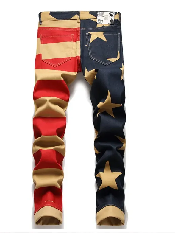 Men's Denim Jeans - Men's Five-Point Star Print Elasticity Slim Straight Denim Jeans