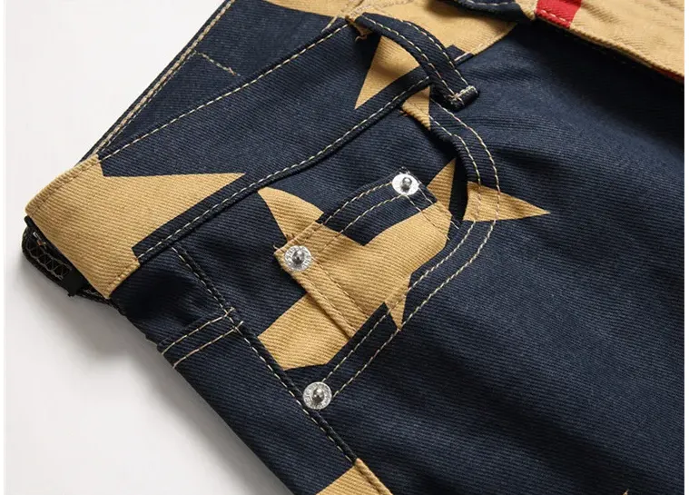 Men's Denim Jeans - Men's Five-Point Star Print Elasticity Slim Straight Denim Jeans