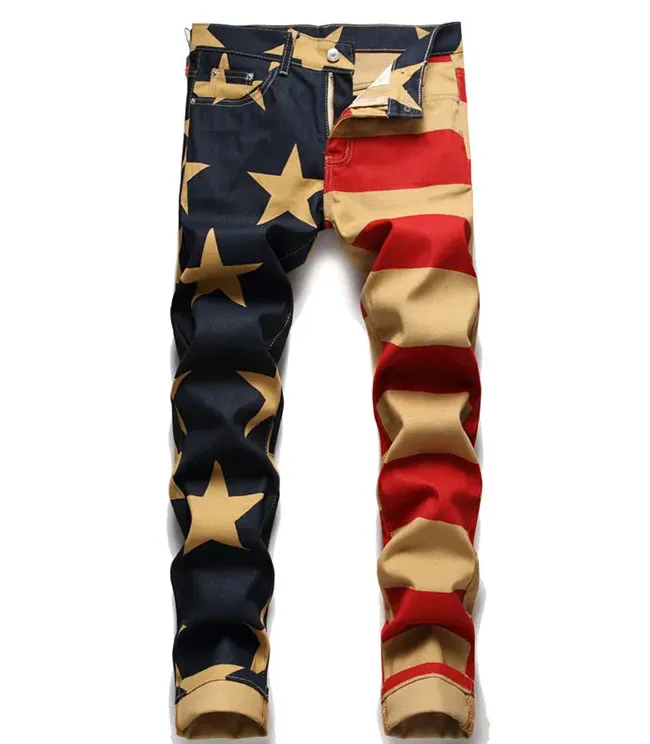 Men's Denim Jeans - Men's Five-Point Star Print Elasticity Slim Straight Denim Jeans