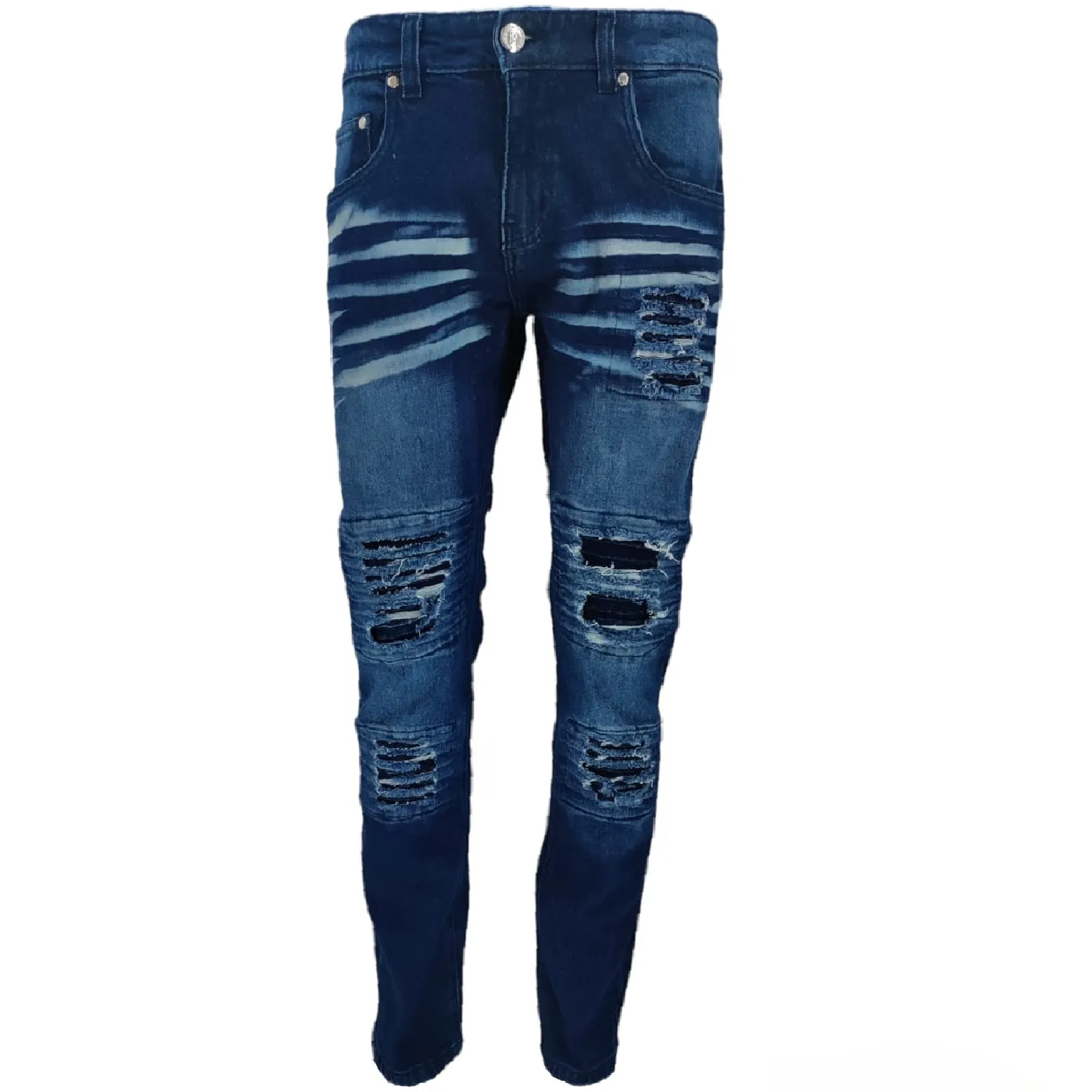 Mens Peviani Denim Jeans Frayed Stretch Distressed Ripped Combat Biker Dark Blue
