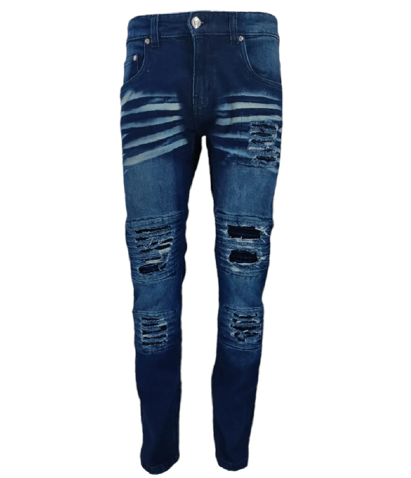 Mens Peviani Denim Jeans Frayed Stretch Distressed Ripped Combat Biker Dark Blue