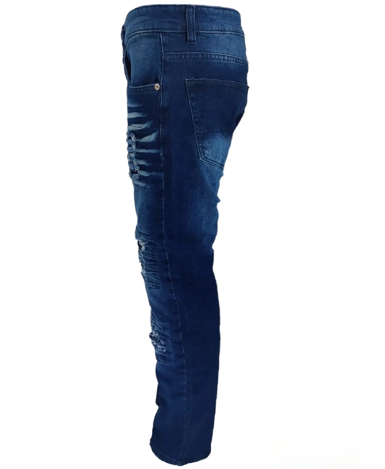 Mens Peviani Denim Jeans Frayed Stretch Distressed Ripped Combat Biker Dark Blue
