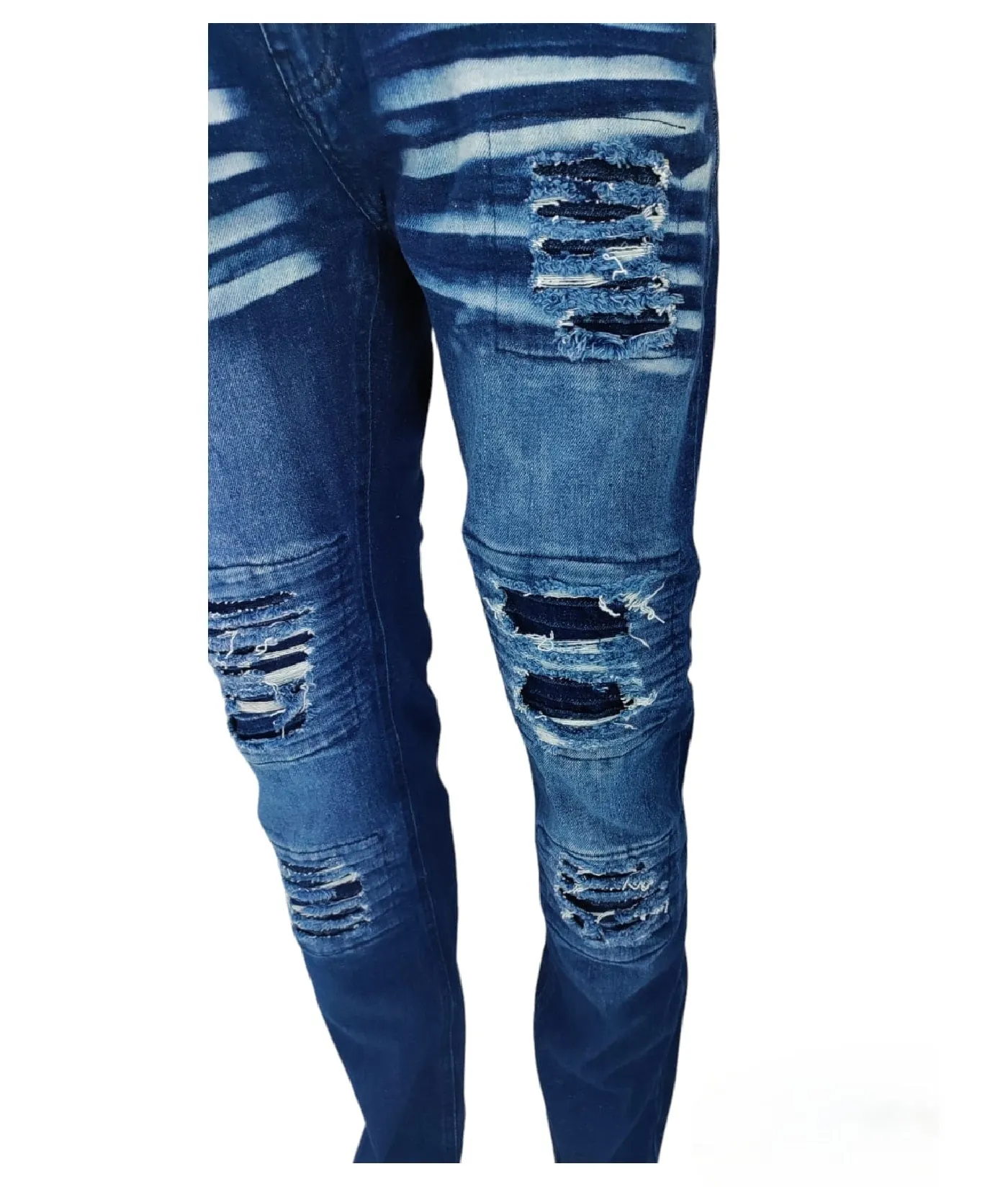 Mens Peviani Denim Jeans Frayed Stretch Distressed Ripped Combat Biker Dark Blue