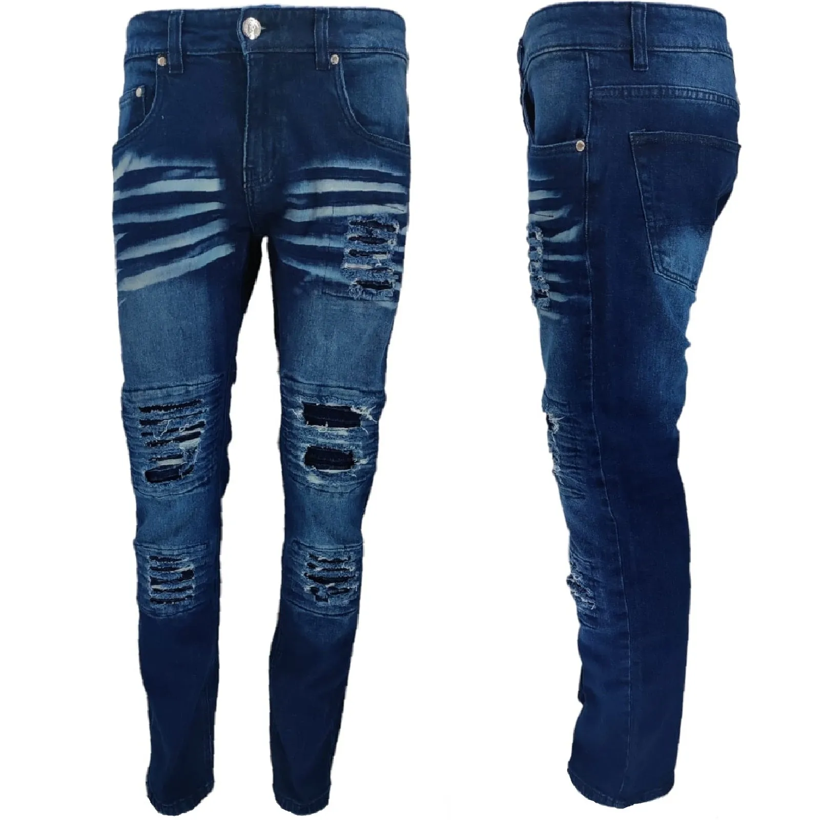 Mens Peviani Denim Jeans Frayed Stretch Distressed Ripped Combat Biker Dark Blue