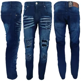 Mens Peviani Denim Jeans Frayed Stretch Distressed Ripped Combat Biker Dark Blue