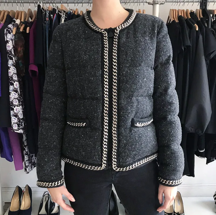 Moncler Grey Wool Silver Chaine Giubbotto Puffer Coat - 2