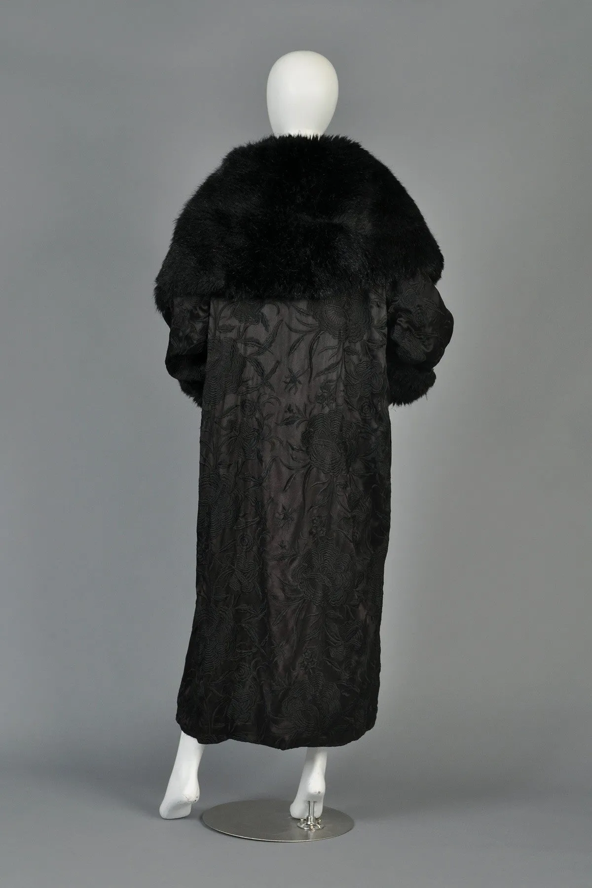 Norma Kamali Embroidered Satin Coat w/MASSIVE Fur-Lined Hood