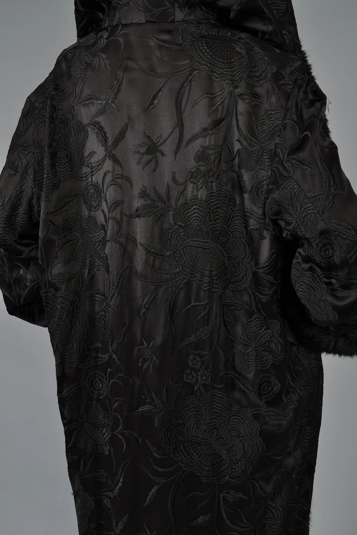 Norma Kamali Embroidered Satin Coat w/MASSIVE Fur-Lined Hood