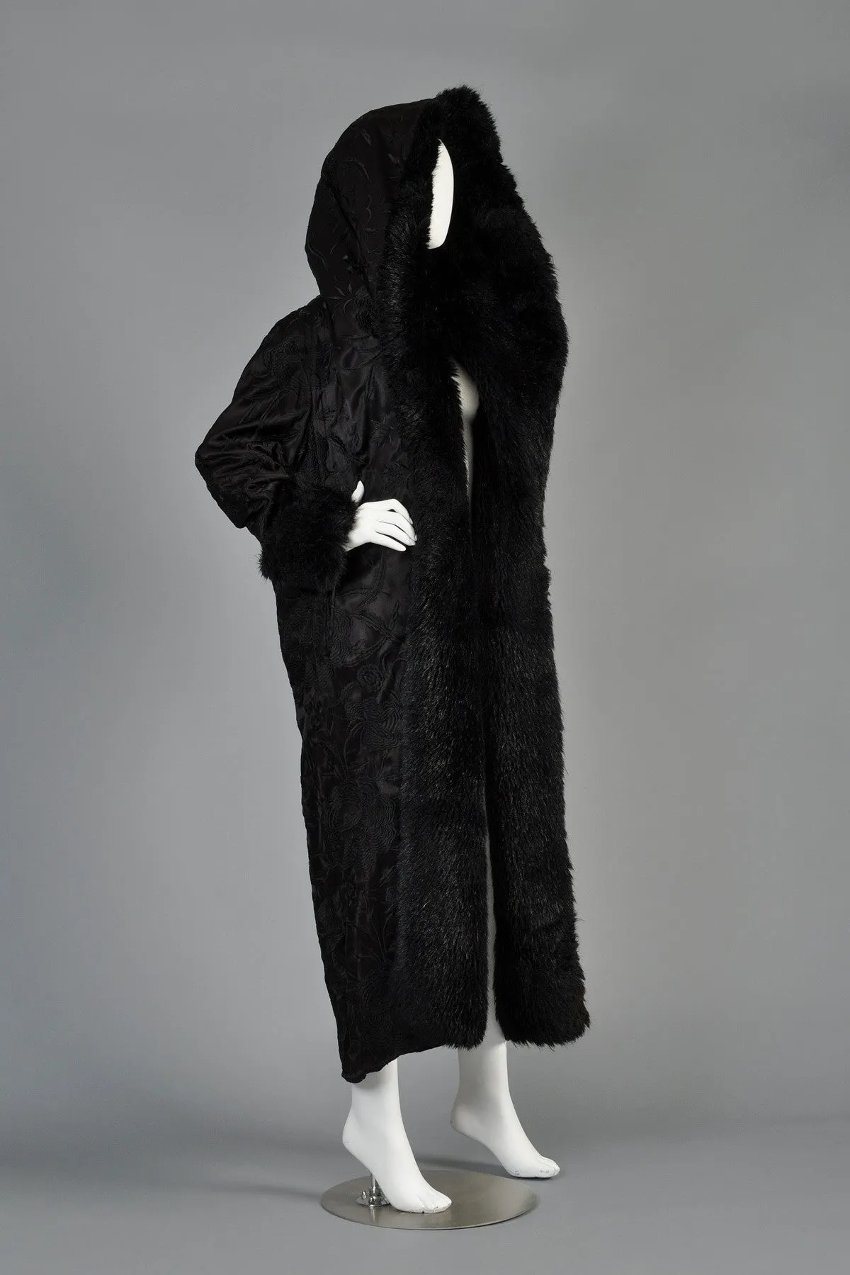 Norma Kamali Embroidered Satin Coat w/MASSIVE Fur-Lined Hood