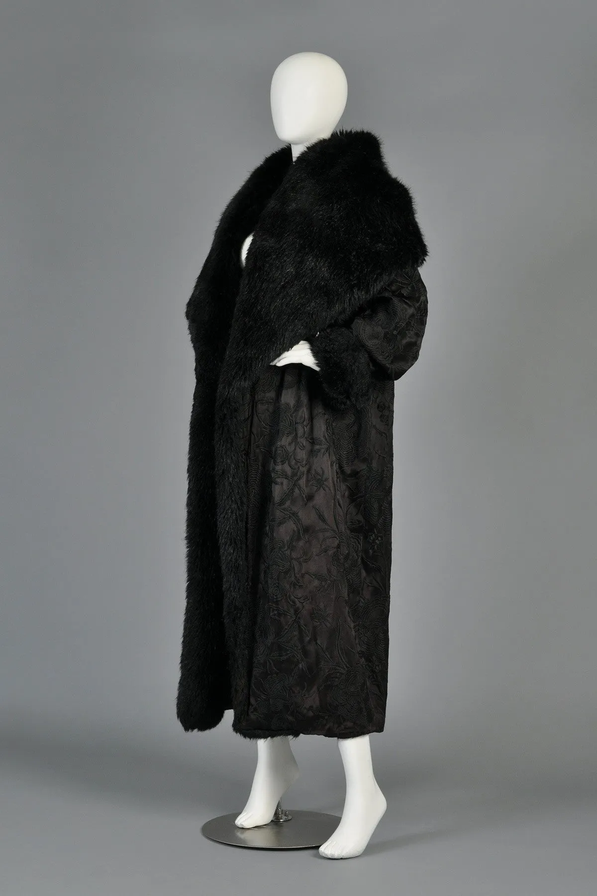 Norma Kamali Embroidered Satin Coat w/MASSIVE Fur-Lined Hood