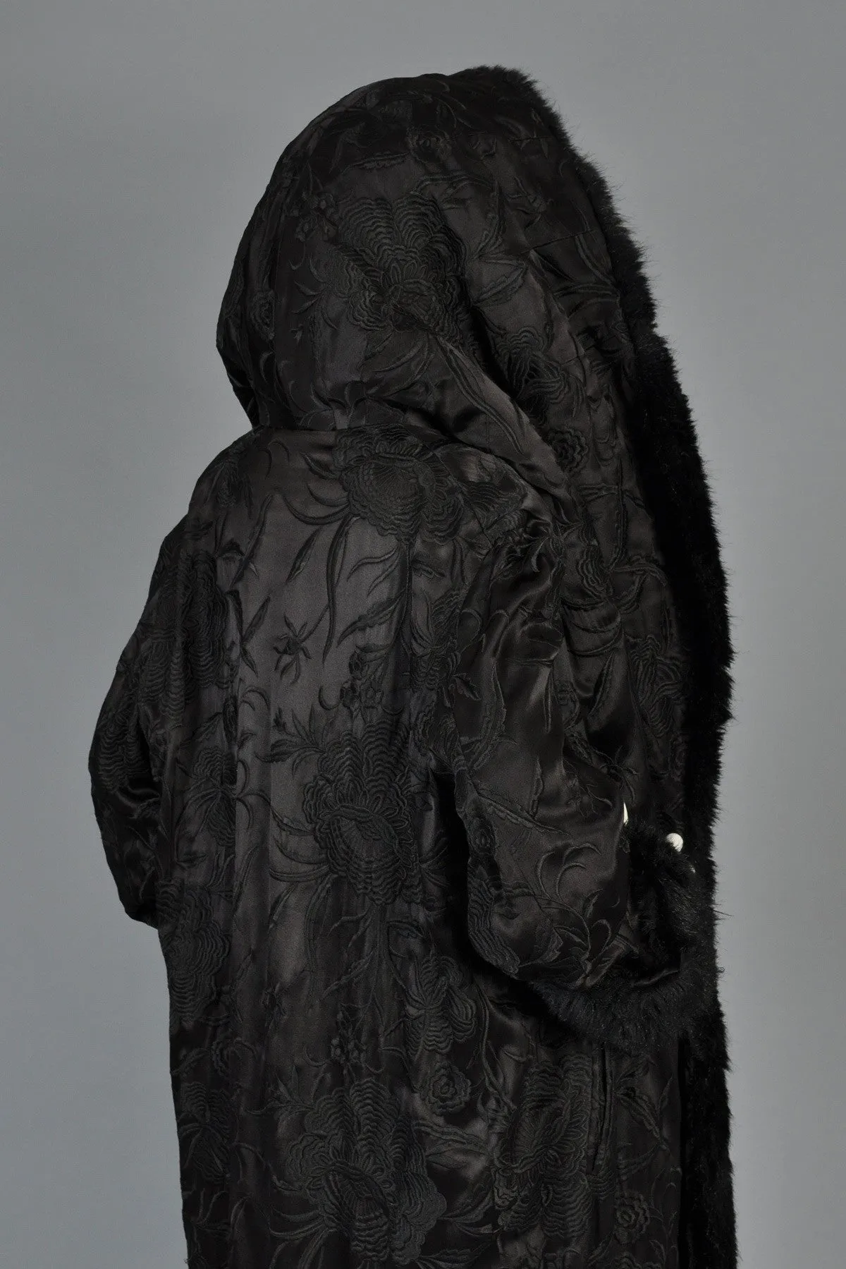 Norma Kamali Embroidered Satin Coat w/MASSIVE Fur-Lined Hood