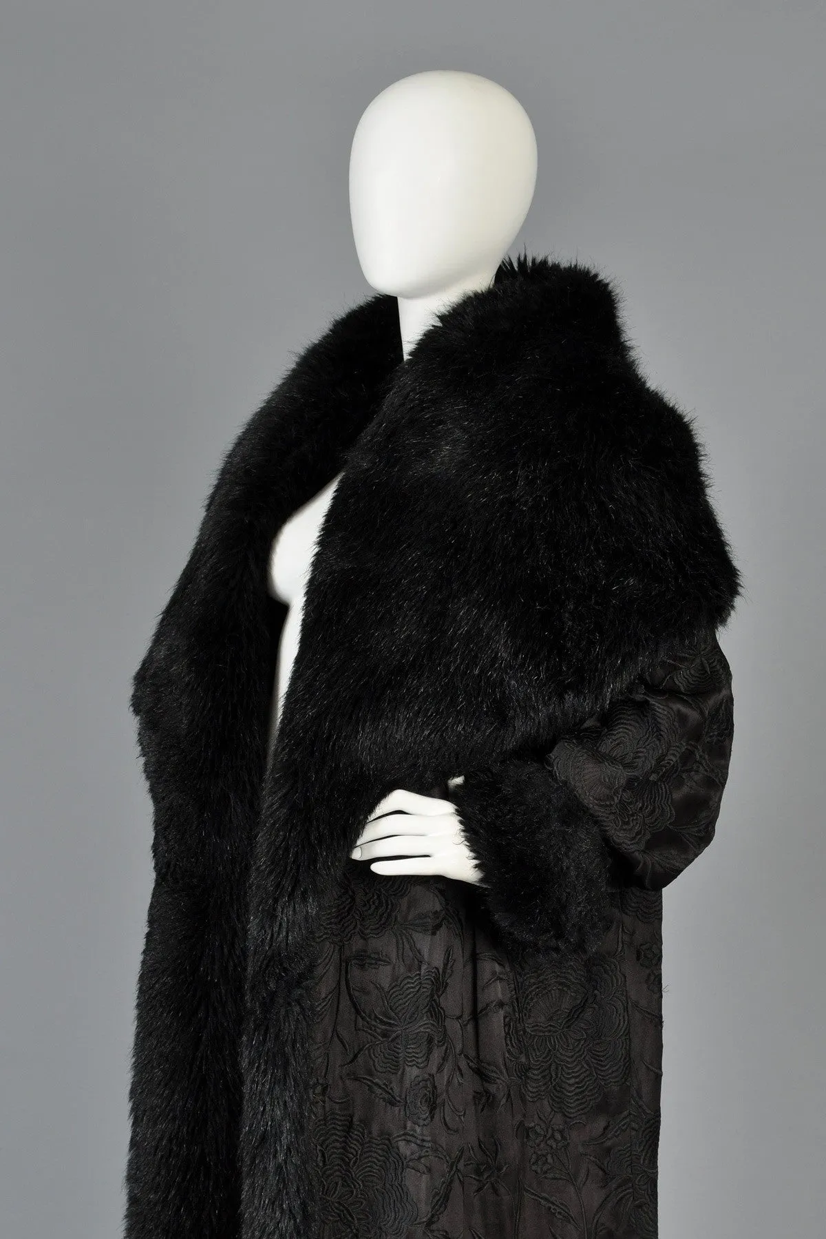 Norma Kamali Embroidered Satin Coat w/MASSIVE Fur-Lined Hood