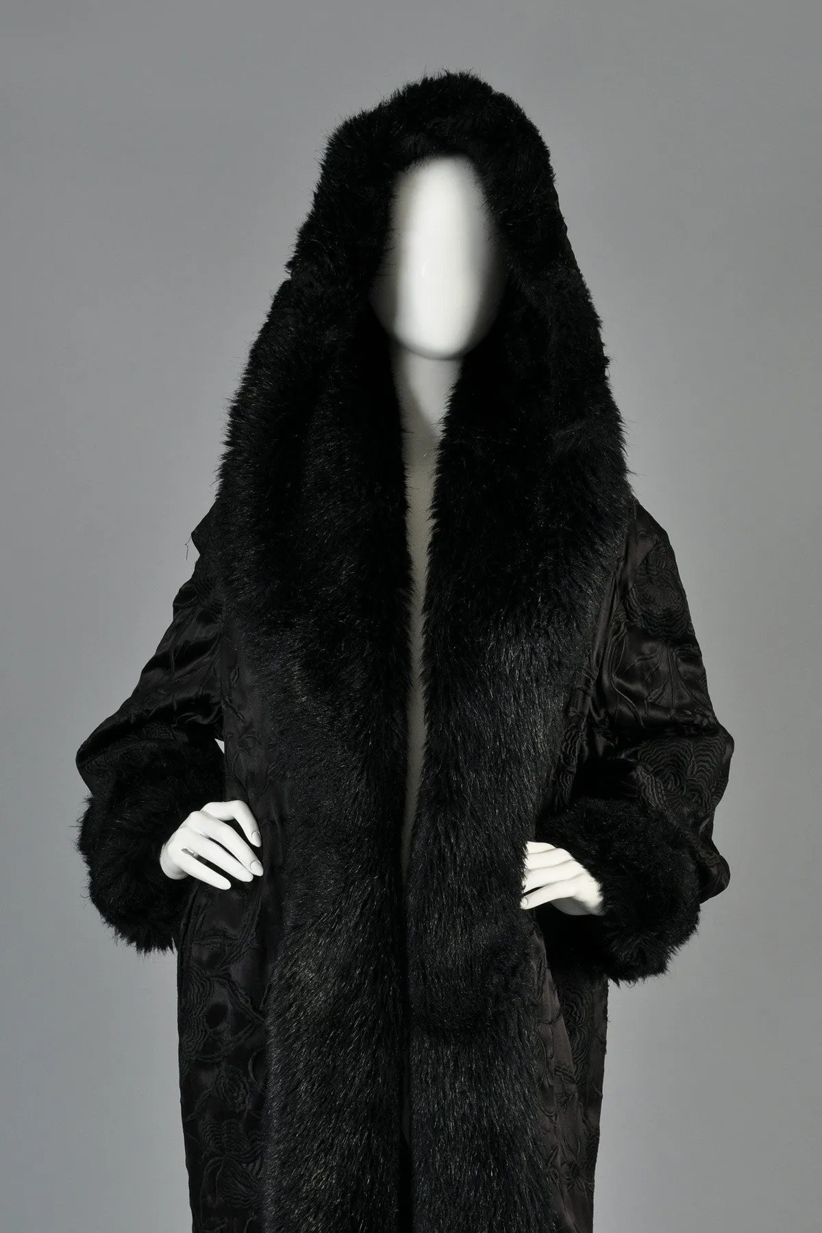 Norma Kamali Embroidered Satin Coat w/MASSIVE Fur-Lined Hood