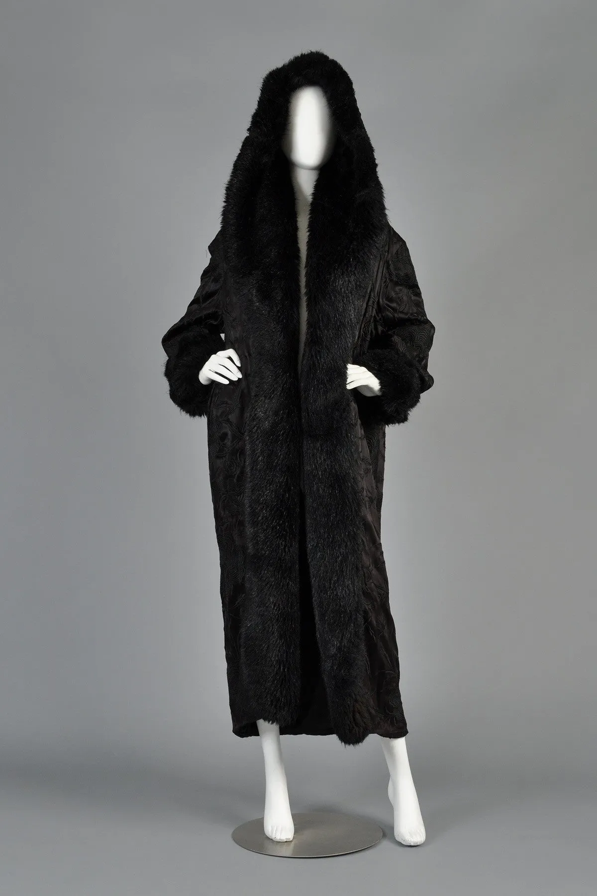 Norma Kamali Embroidered Satin Coat w/MASSIVE Fur-Lined Hood