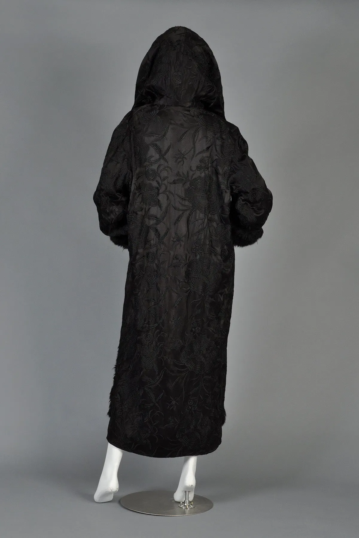 Norma Kamali Embroidered Satin Coat w/MASSIVE Fur-Lined Hood