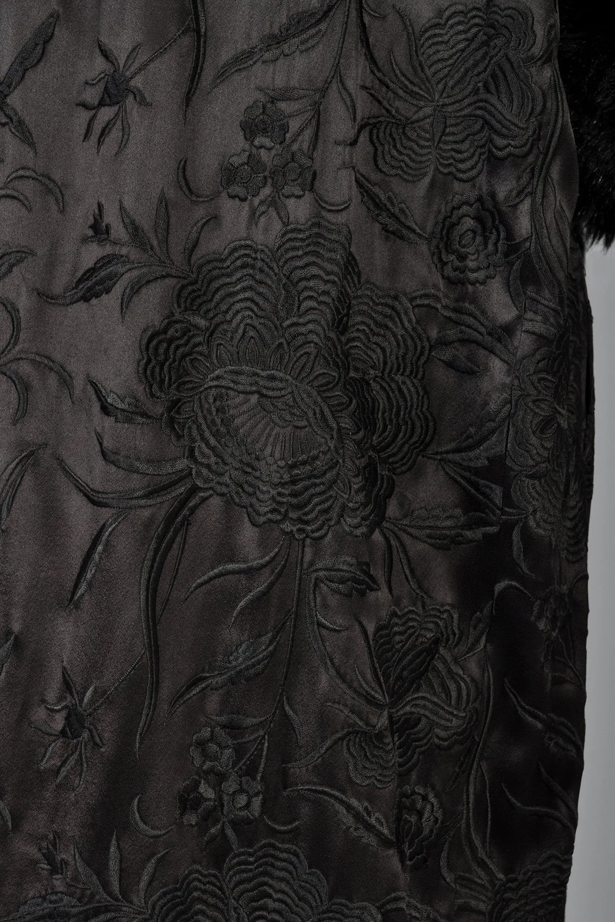 Norma Kamali Embroidered Satin Coat w/MASSIVE Fur-Lined Hood