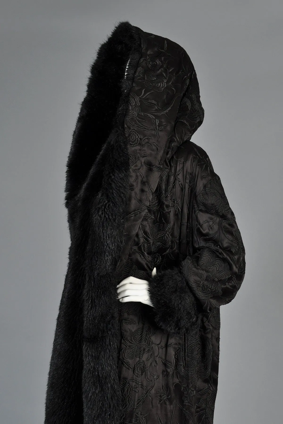 Norma Kamali Embroidered Satin Coat w/MASSIVE Fur-Lined Hood