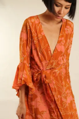 ORANGE FLOWER SILK WRAP DRESS