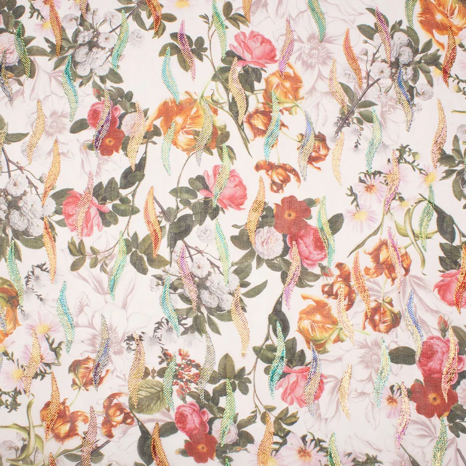 Orange, Red & Pink Floral Printed White Metallic Silk Georgette
