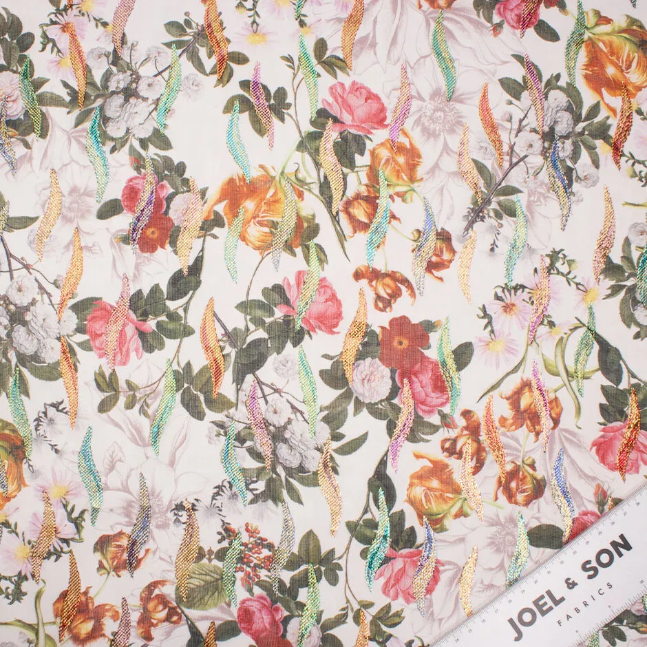 Orange, Red & Pink Floral Printed White Metallic Silk Georgette