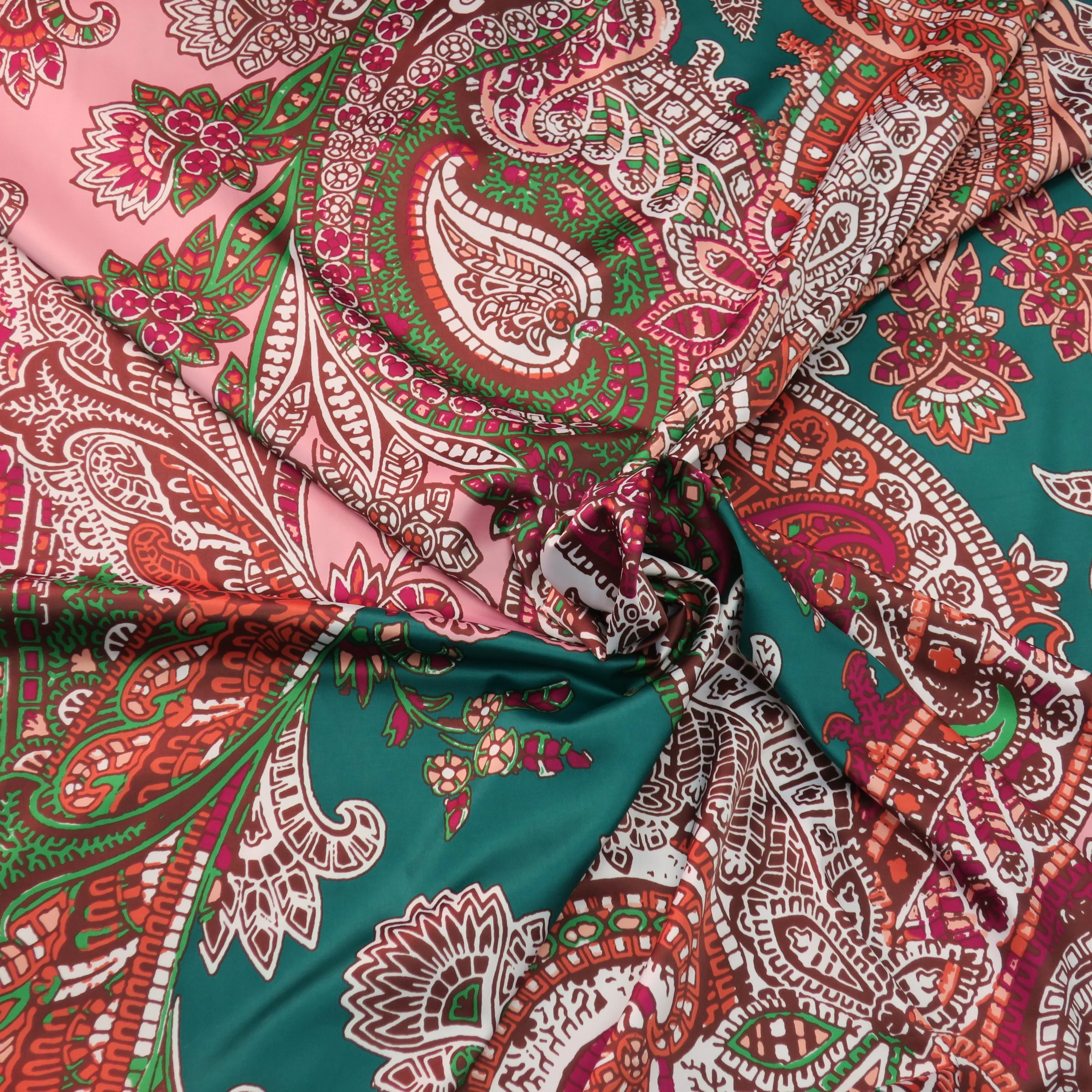 Pink Paisley on Teal Ground Printed Silk Charmeuse Fabric
